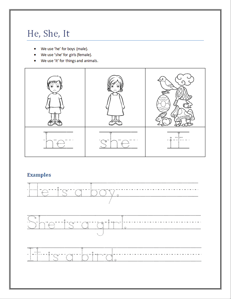 Pronoun He She It Worksheets